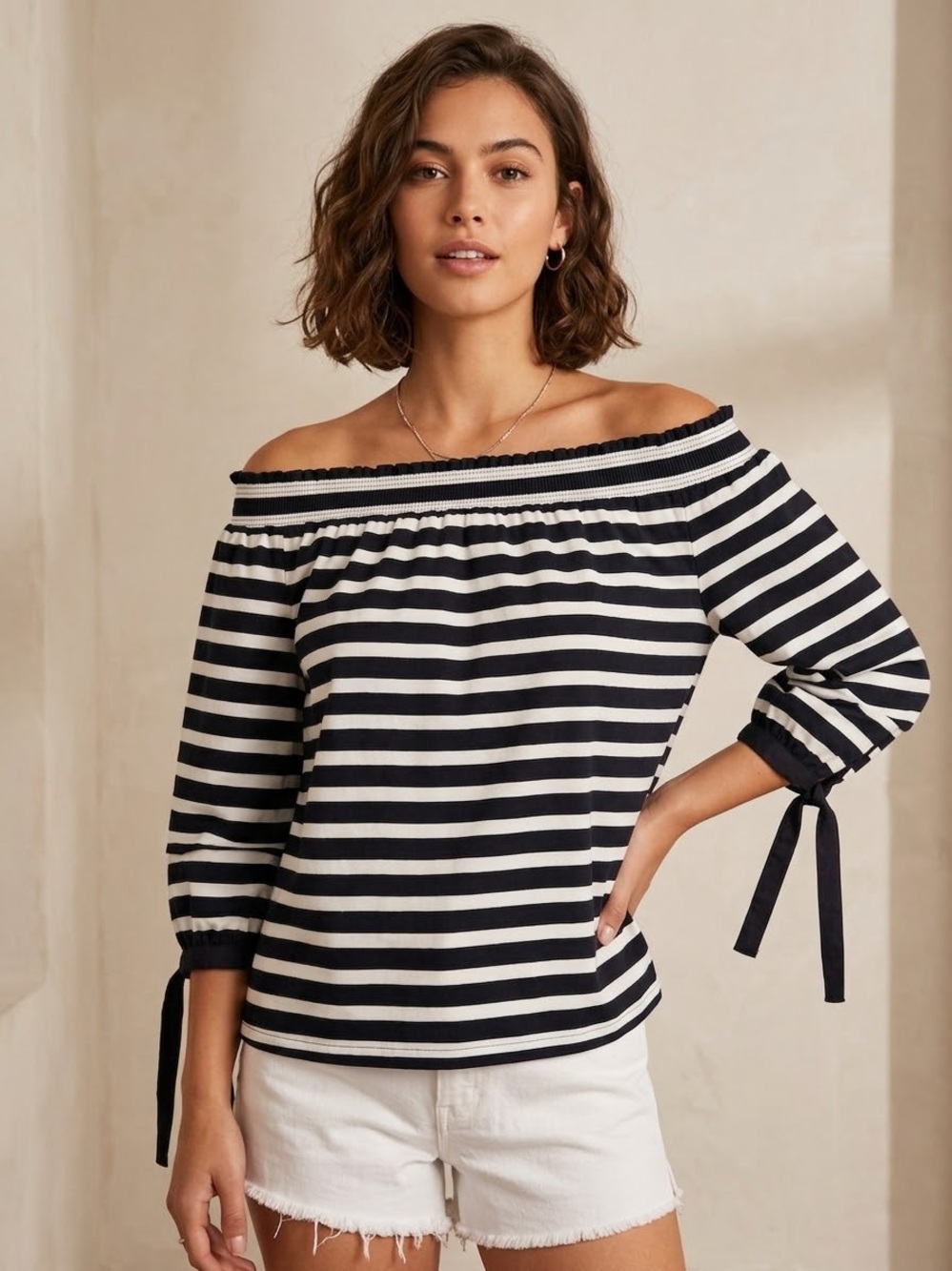J. Crew Black and White Striped Off-Shoulder Top xl